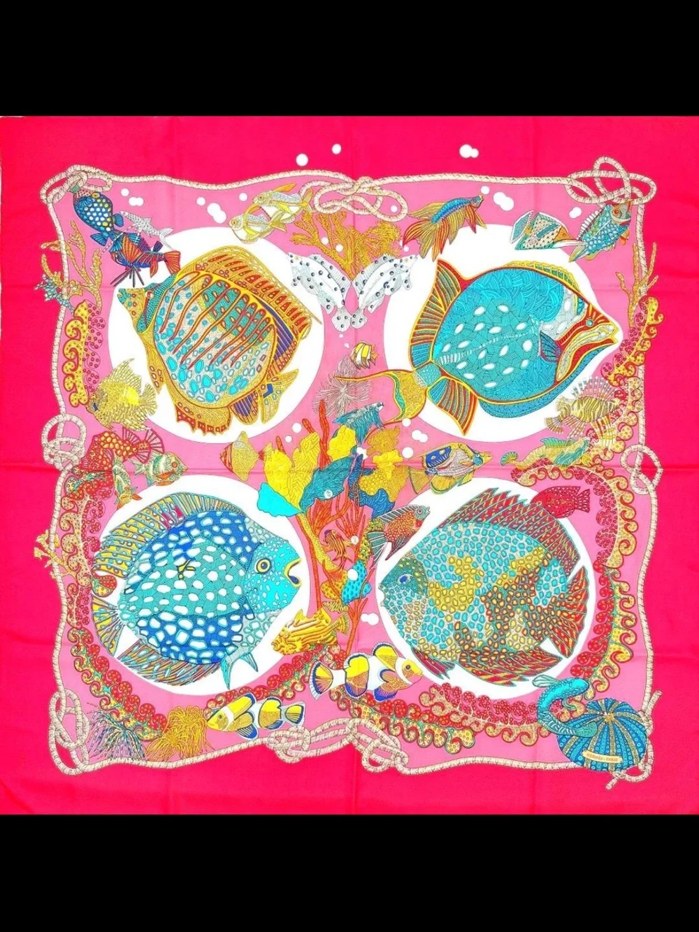 Hermes Pink Multicolor Fish Print Silk Scarf